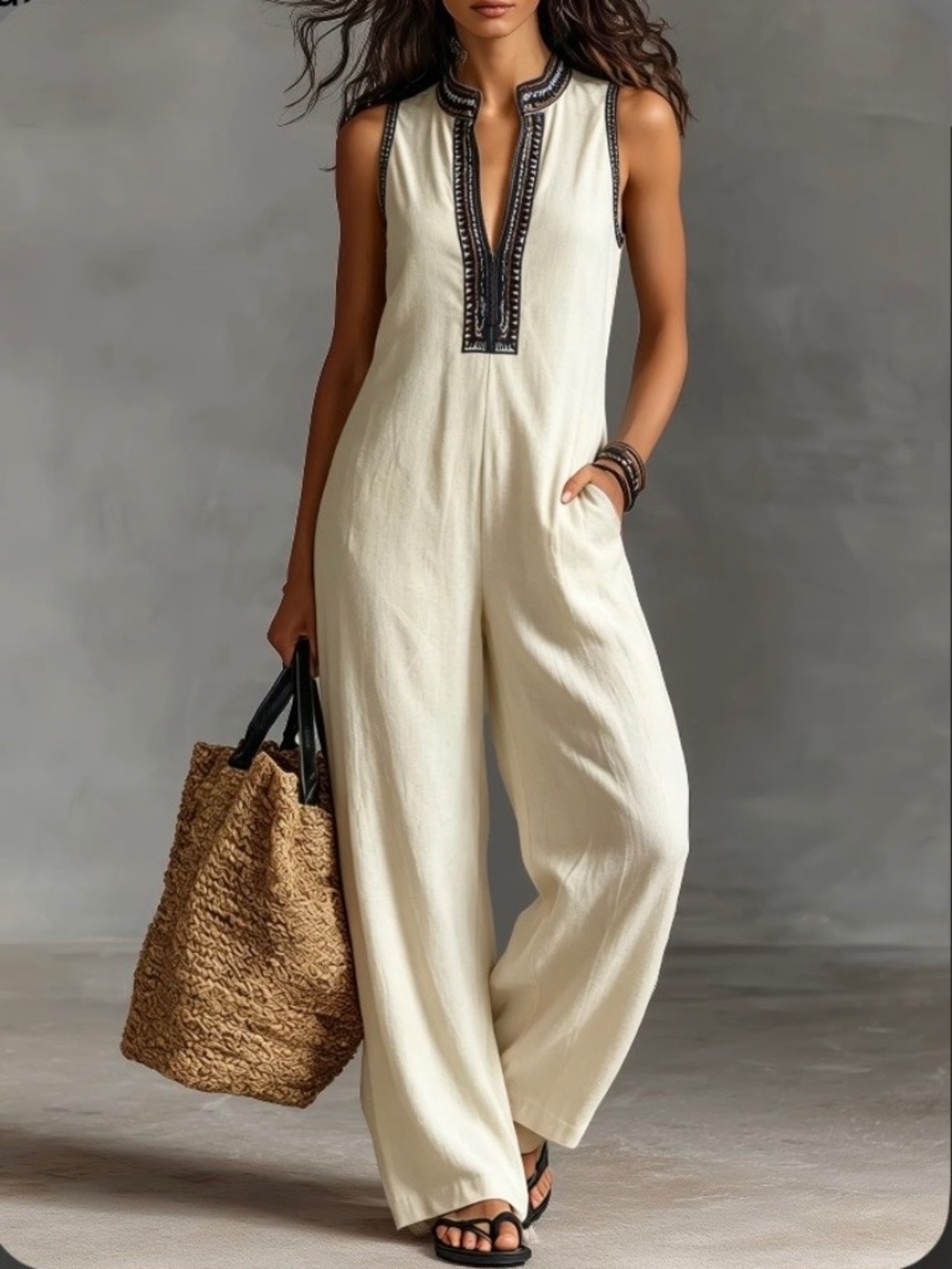NWOT MODESEES Linen Blend Embroidered Sleeveless Wide Leg Jumpsuit XS Ivory Boho